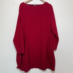 Niche Women Tunic Dress 2X Red Textured Geometric Lagenlook Long Sleeve Pocket